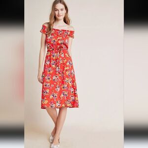 Anthropologie 47 of 52 Conversations Midi Dress Red Floral Boho Size 10